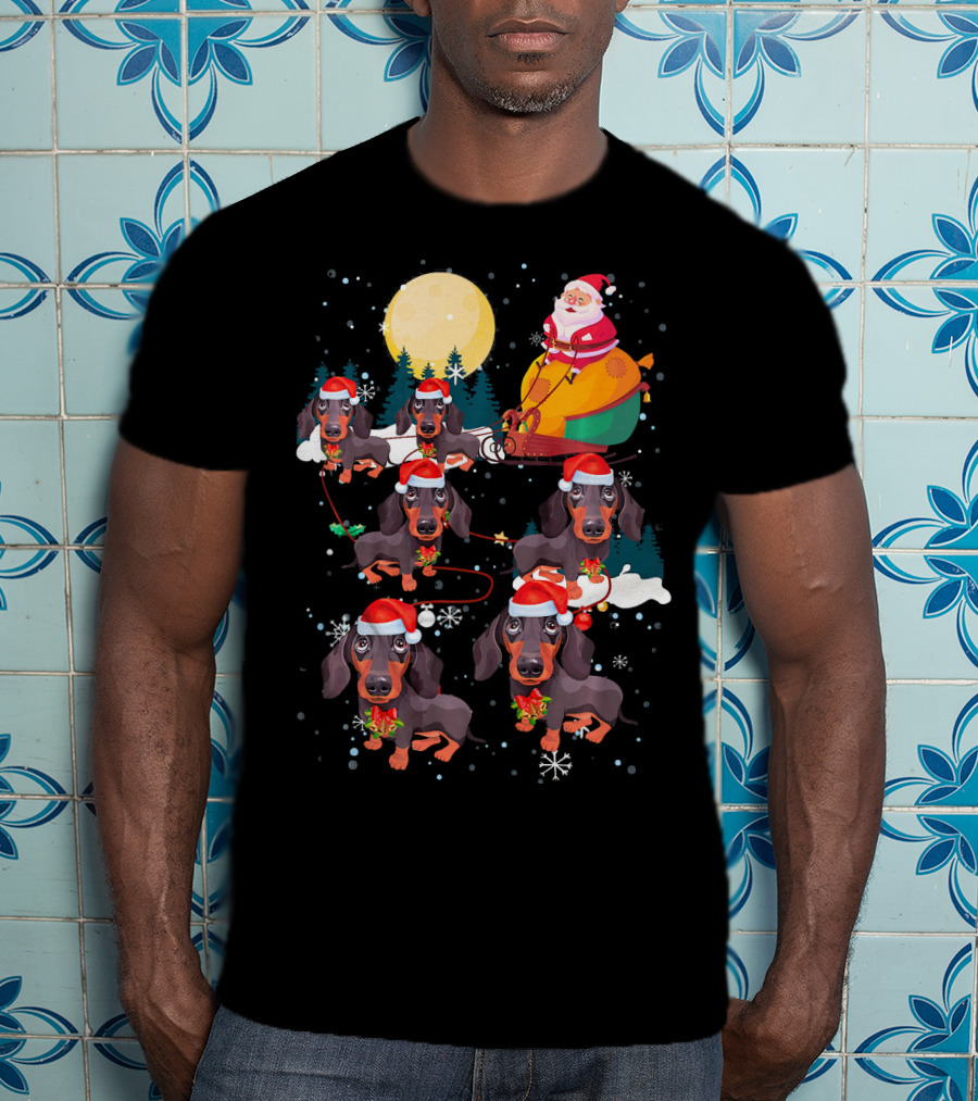 Santa Riding Sleigh With Dachshund Reindeer Under Full Moon T-Shirt