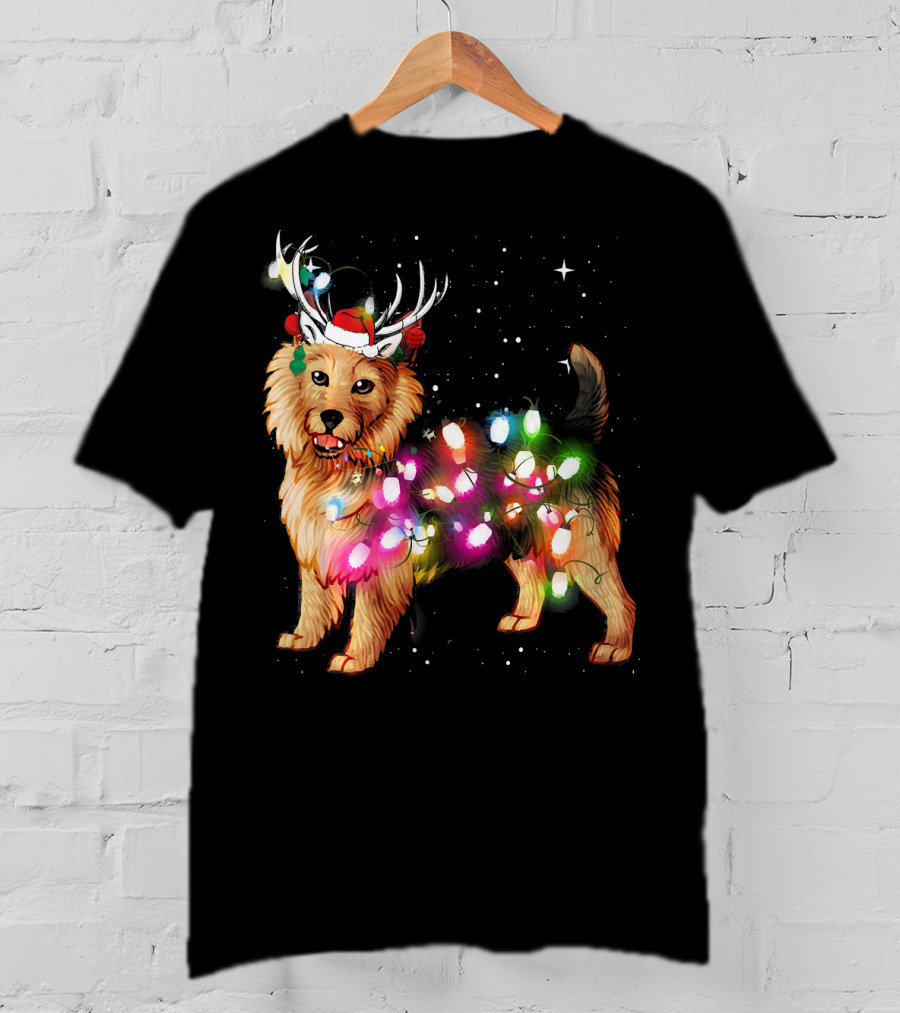 Australian Terrier With Christmas Lights And Reindeer Antlers T-Shirt