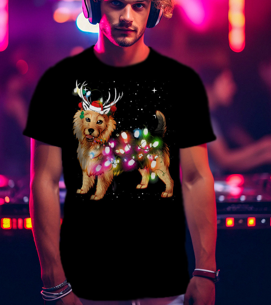 Australian Terrier With Christmas Lights And Reindeer Antlers T-Shirt