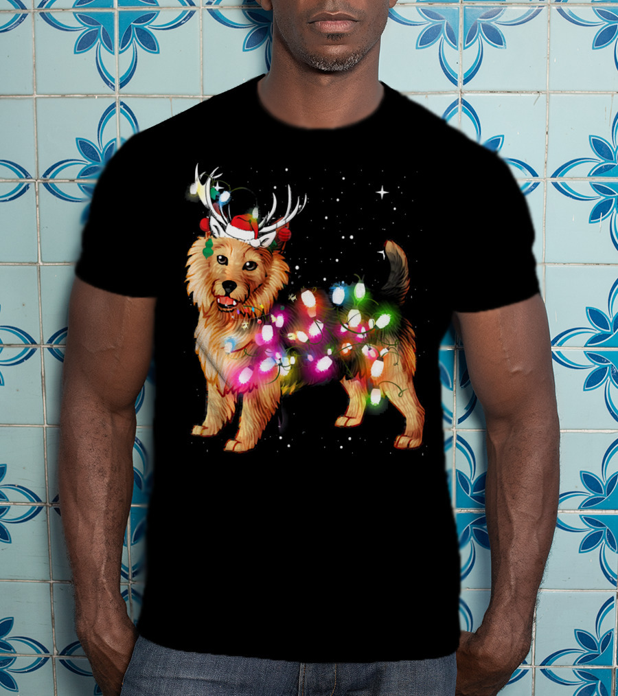 Australian Terrier With Christmas Lights And Reindeer Antlers T-Shirt
