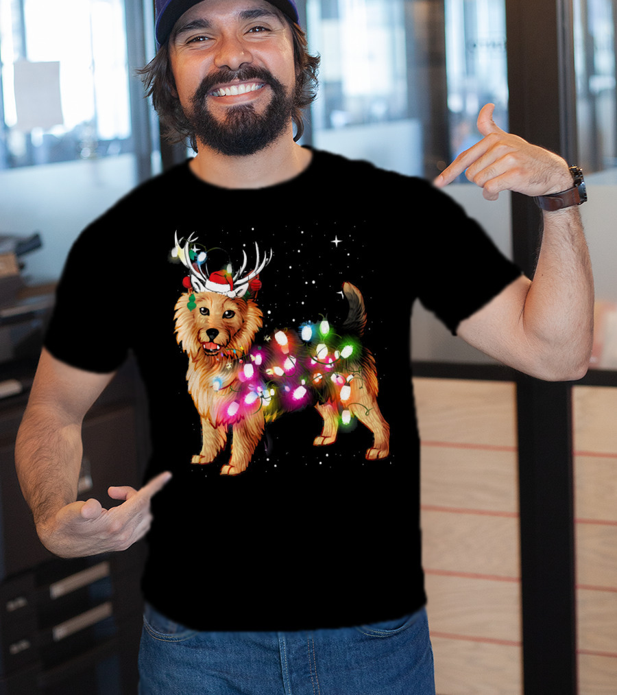 Australian Terrier With Christmas Lights And Reindeer Antlers T-Shirt