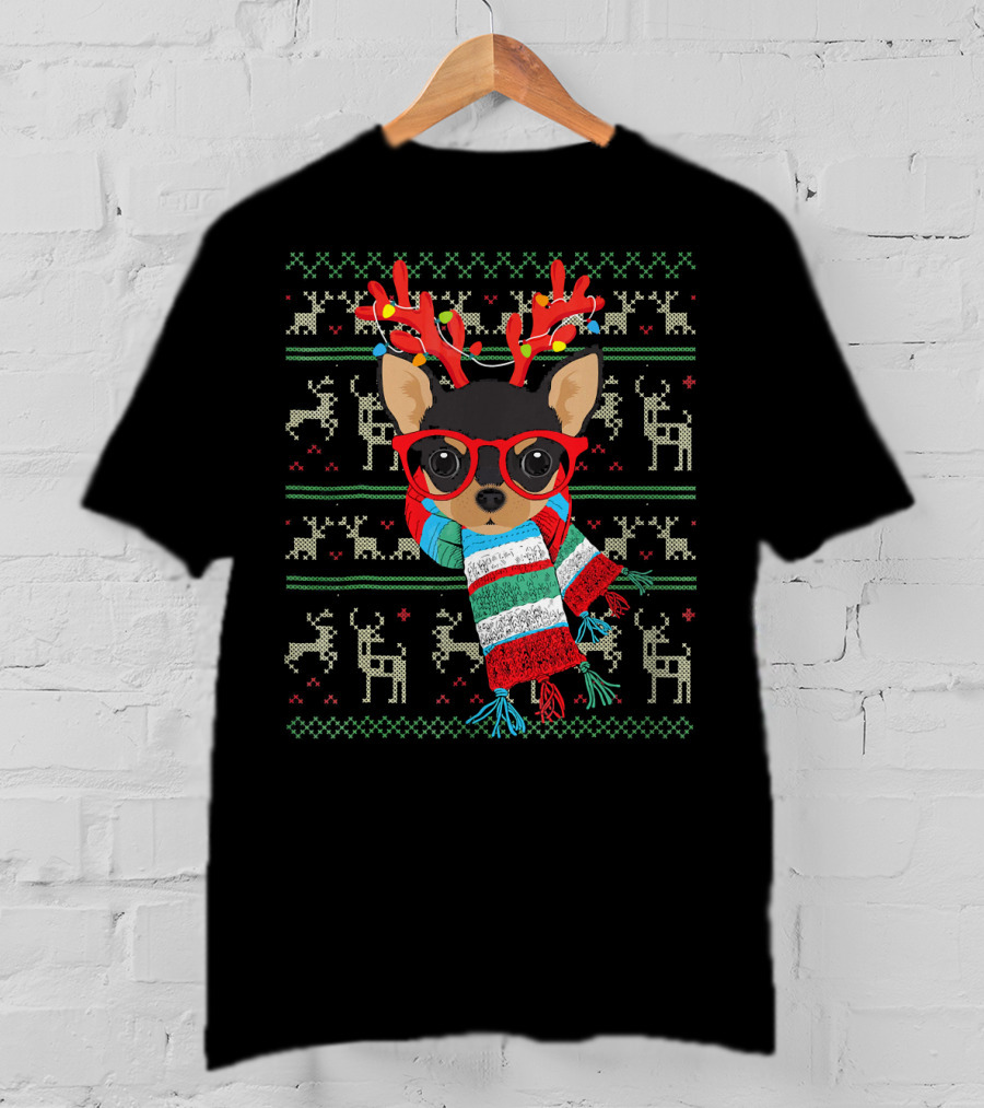 Dog Lover Chihuahua With Glasses And Reindeer Antlers In Festive Scarf T-Shirt