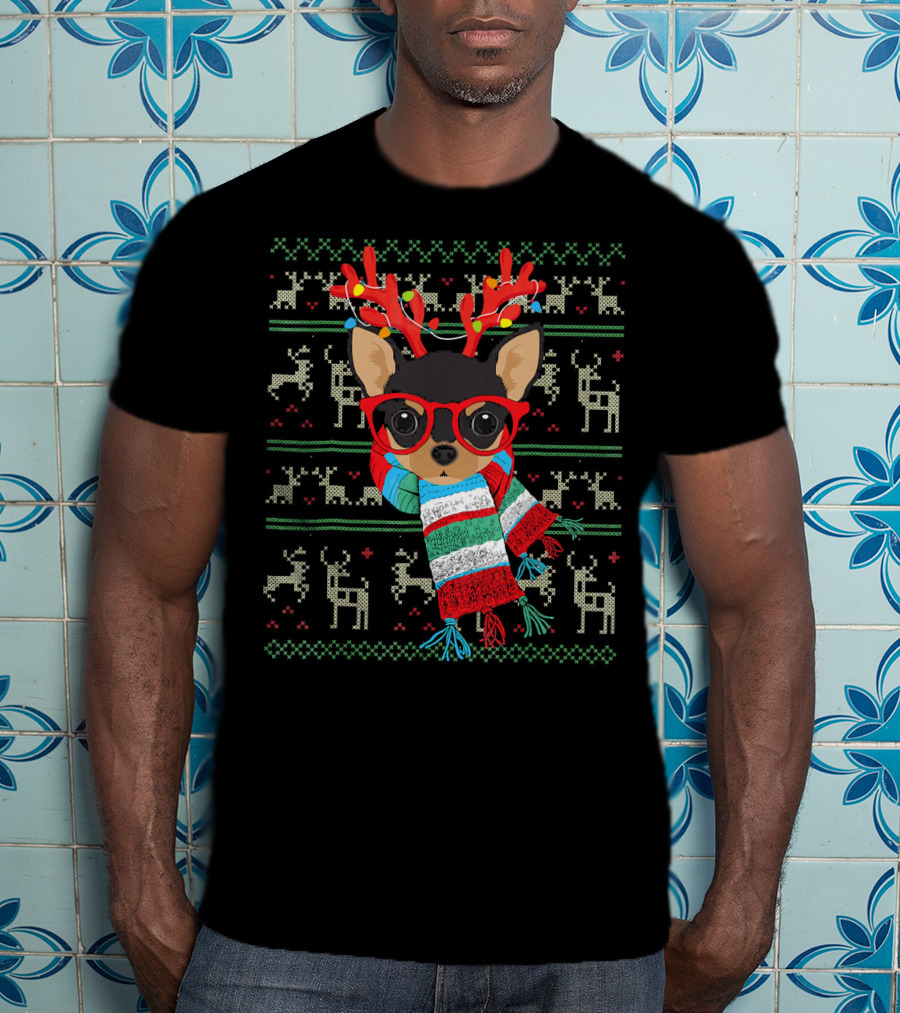 Dog Lover Chihuahua With Glasses And Reindeer Antlers In Festive Scarf T-Shirt