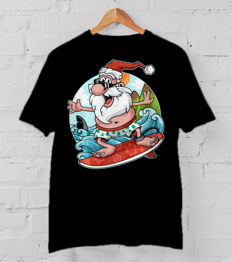 Surfing Santa Riding Waves Christmas In July Tropical Fun T-Shirt