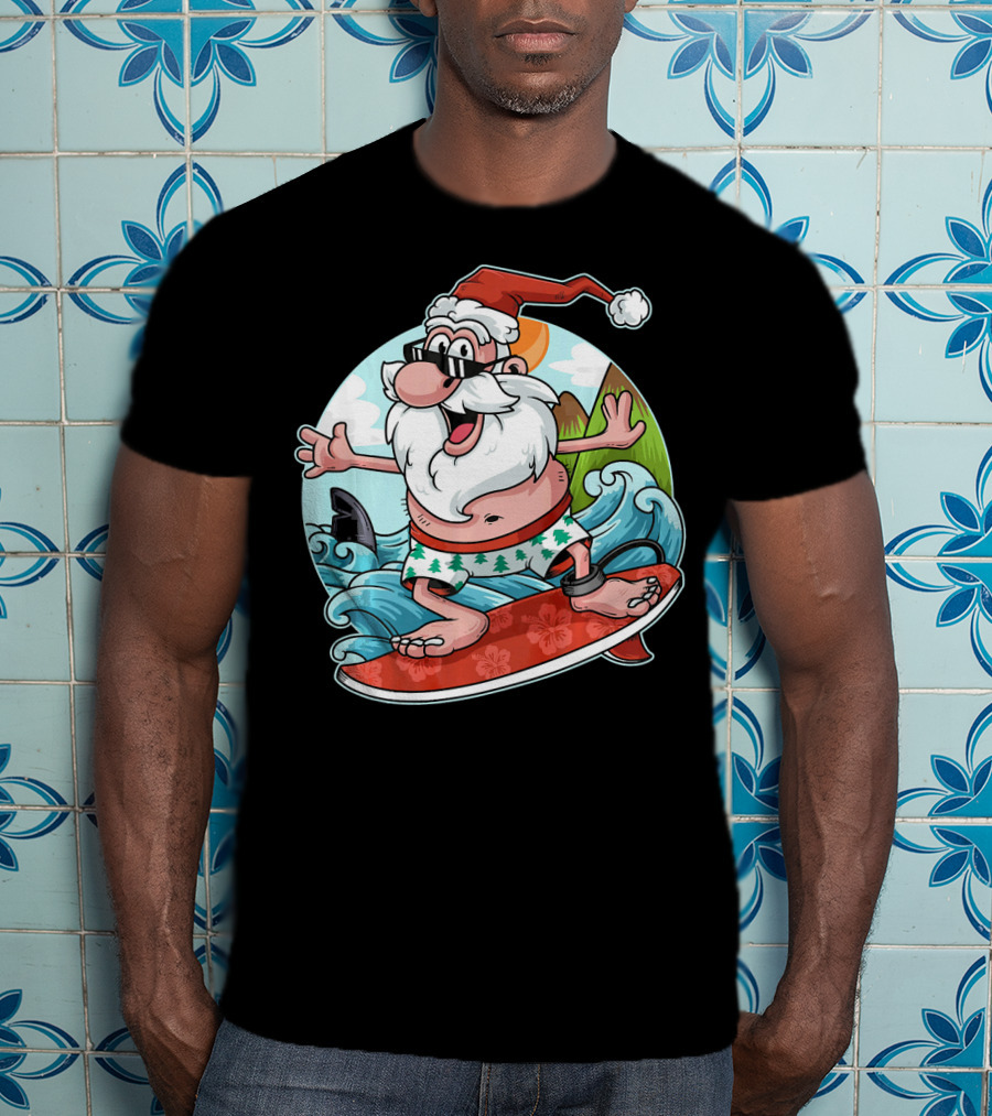 Surfing Santa Riding Waves Christmas In July Tropical Fun T-Shirt