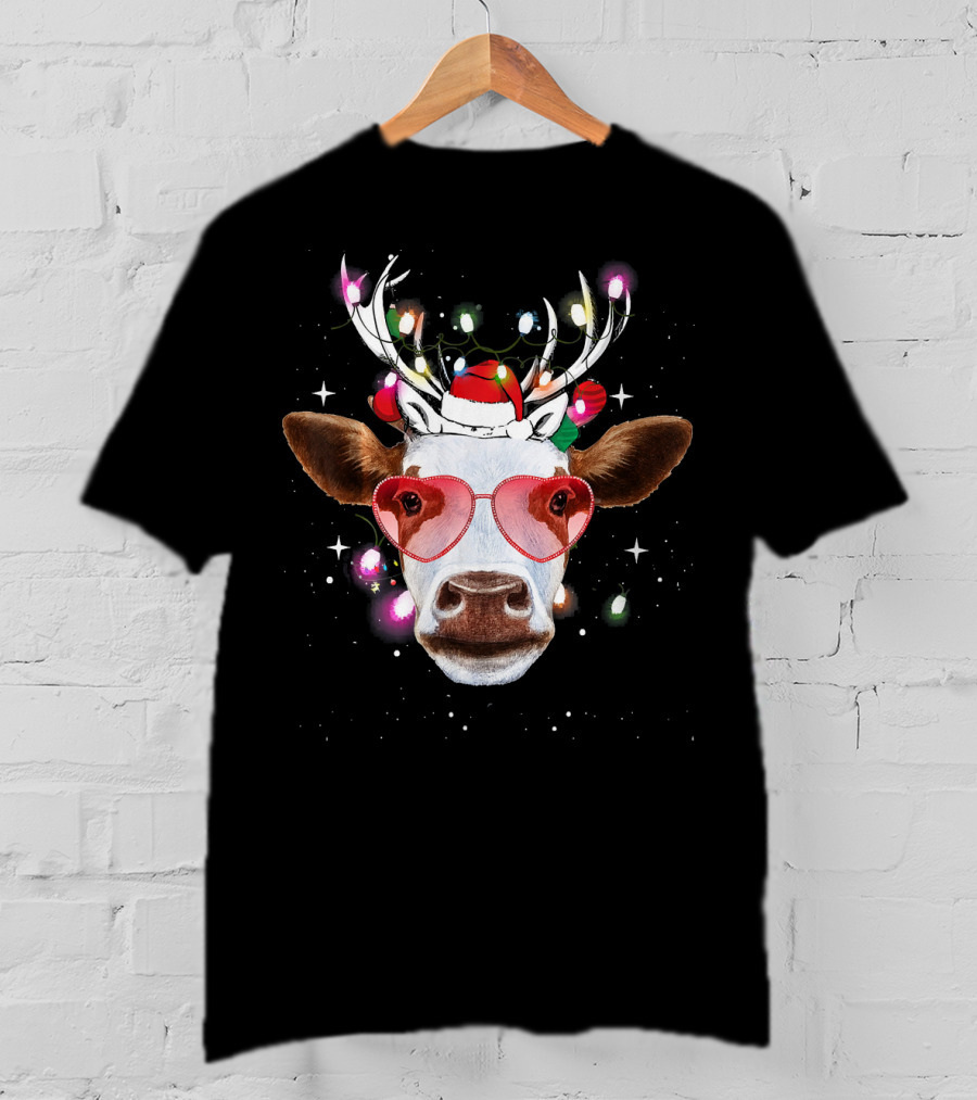 Cow With Antlers Heart Glasses And Christmas Lights T-Shirt