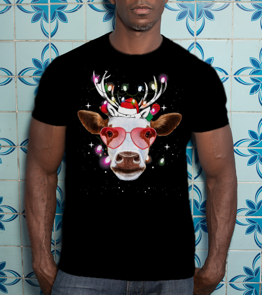 Cow With Antlers Heart Glasses And Christmas Lights T-Shirt