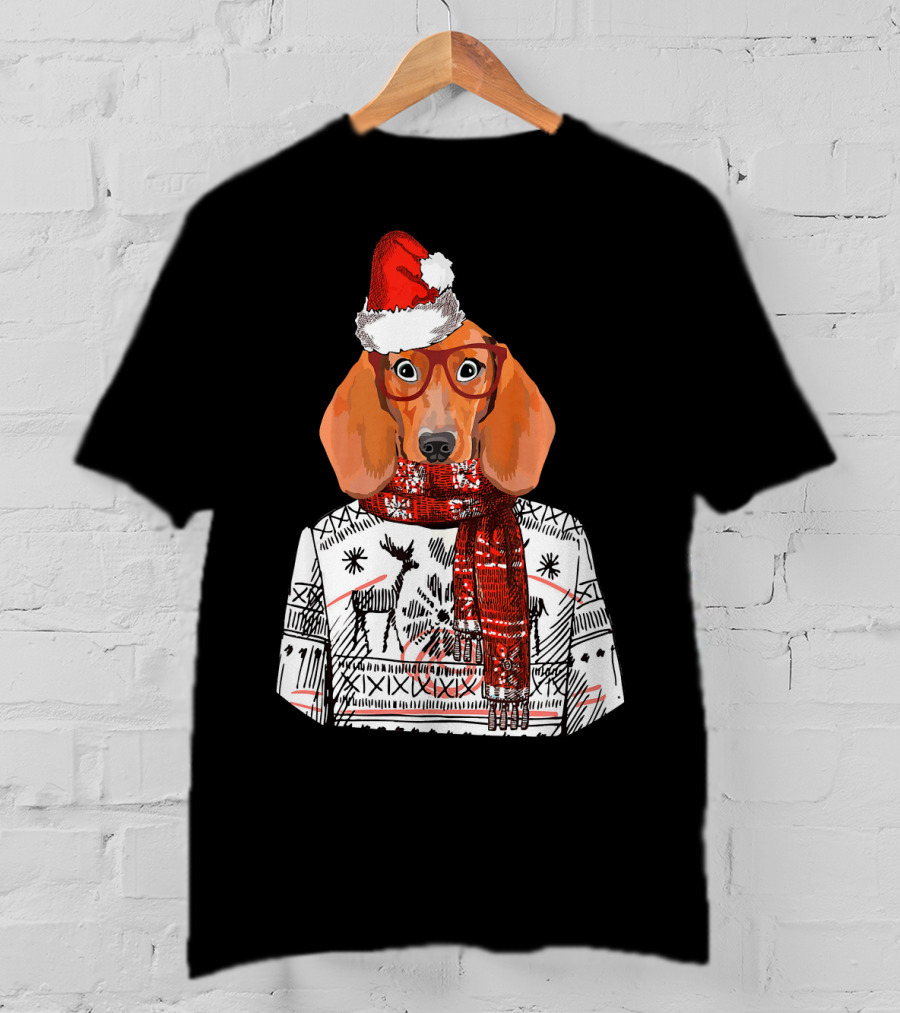 Dachshund Dog Santa Hat Funny Merry Christmas T-Shirt