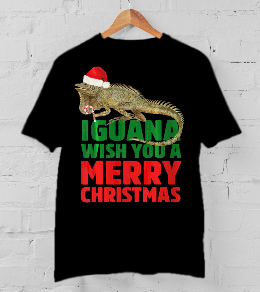 Iguana Wish You A Merry Christmas Santa Hat Candy Cane T-Shirt