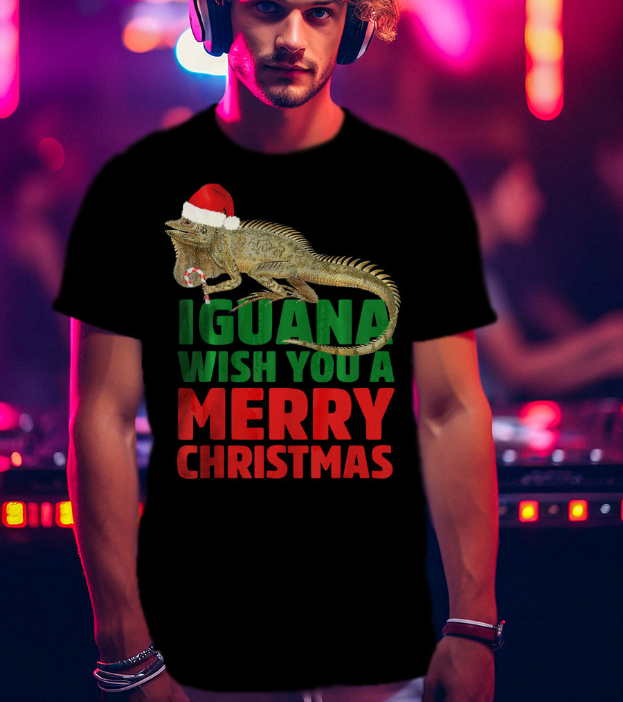 Iguana Wish You A Merry Christmas Santa Hat Candy Cane T-Shirt