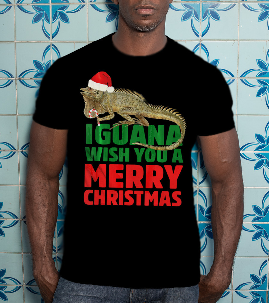 Iguana Wish You A Merry Christmas Santa Hat Candy Cane T-Shirt