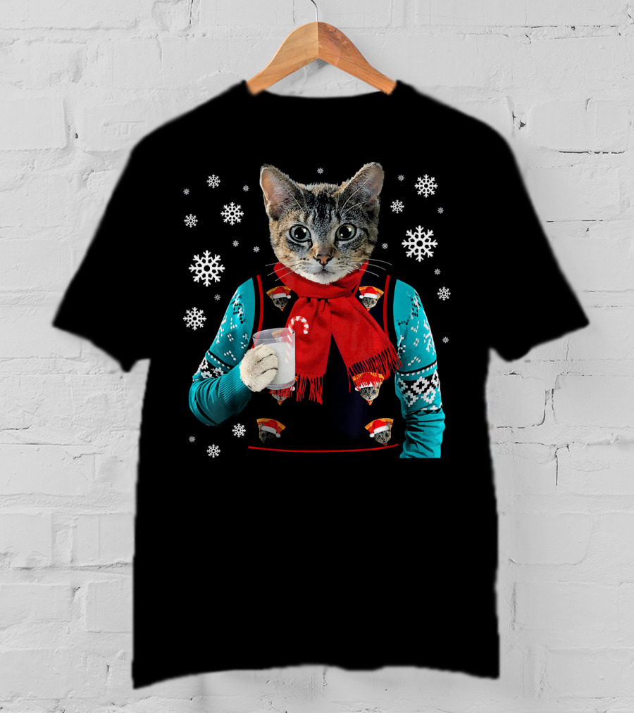 Hipster Cat Wearing Festive Sweater With Red Scarf And Holding Milk T-Shirt