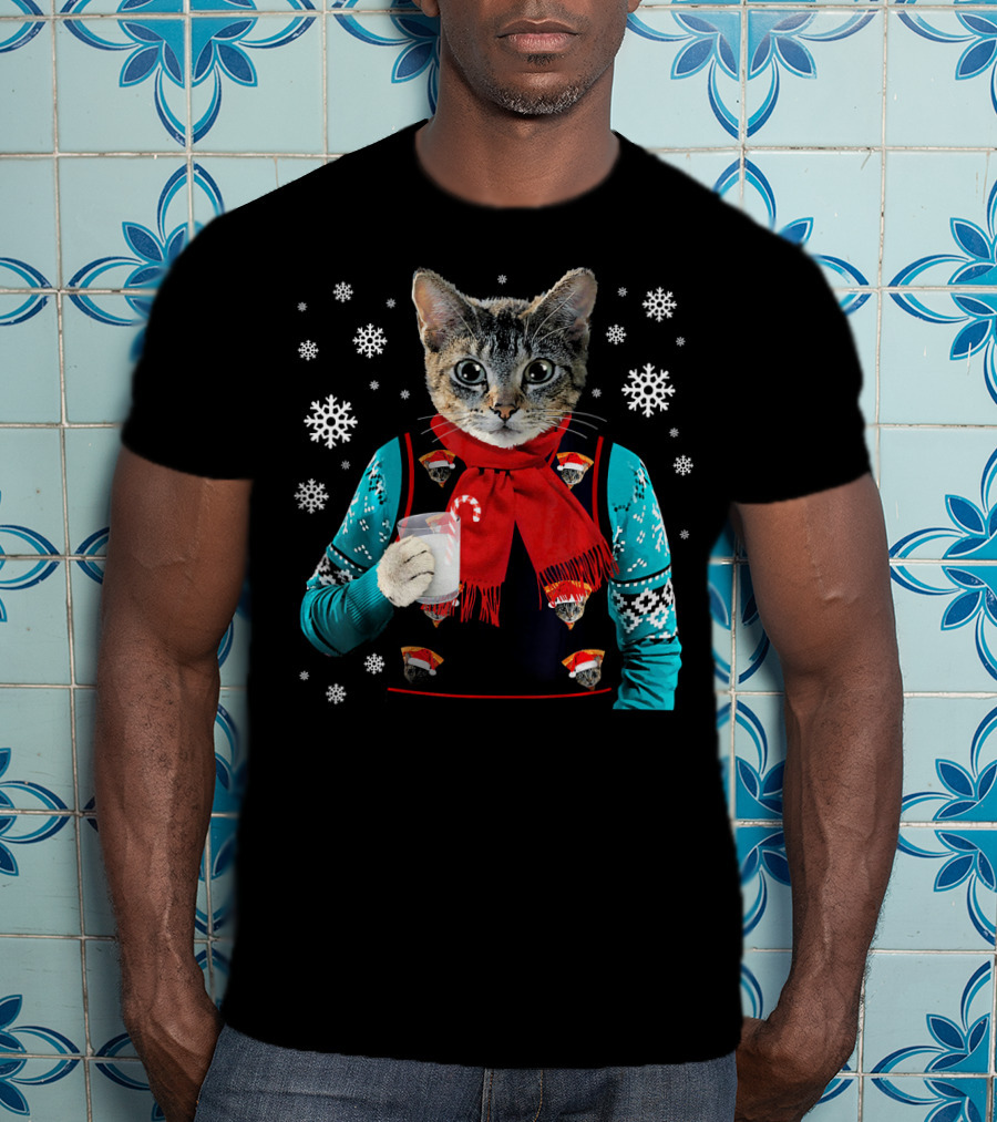 Hipster Cat Wearing Festive Sweater With Red Scarf And Holding Milk T-Shirt