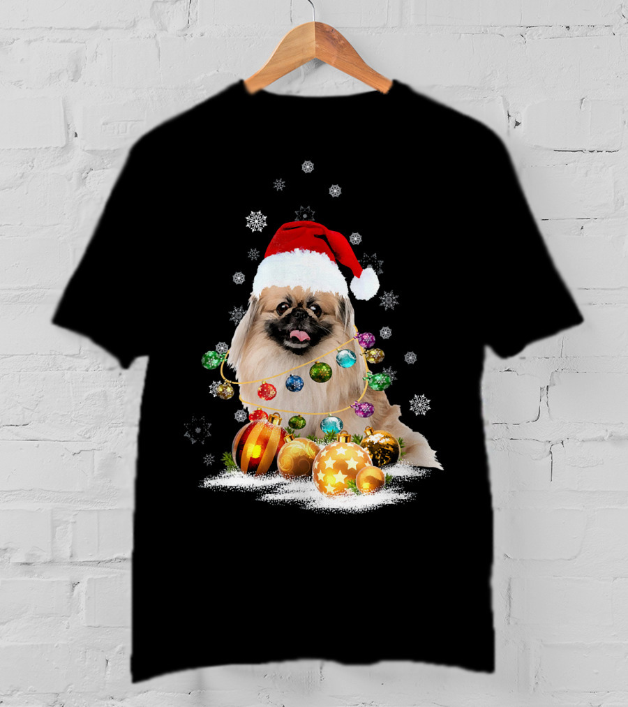 Pekingese Christmas Dog Lights With Santa Hat And Snowflakes T-Shirt