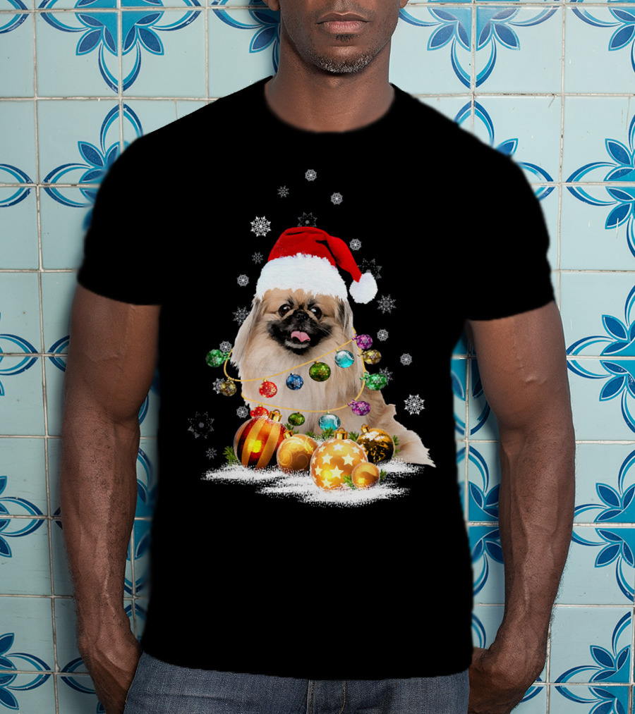 Pekingese Christmas Dog Lights With Santa Hat And Snowflakes T-Shirt