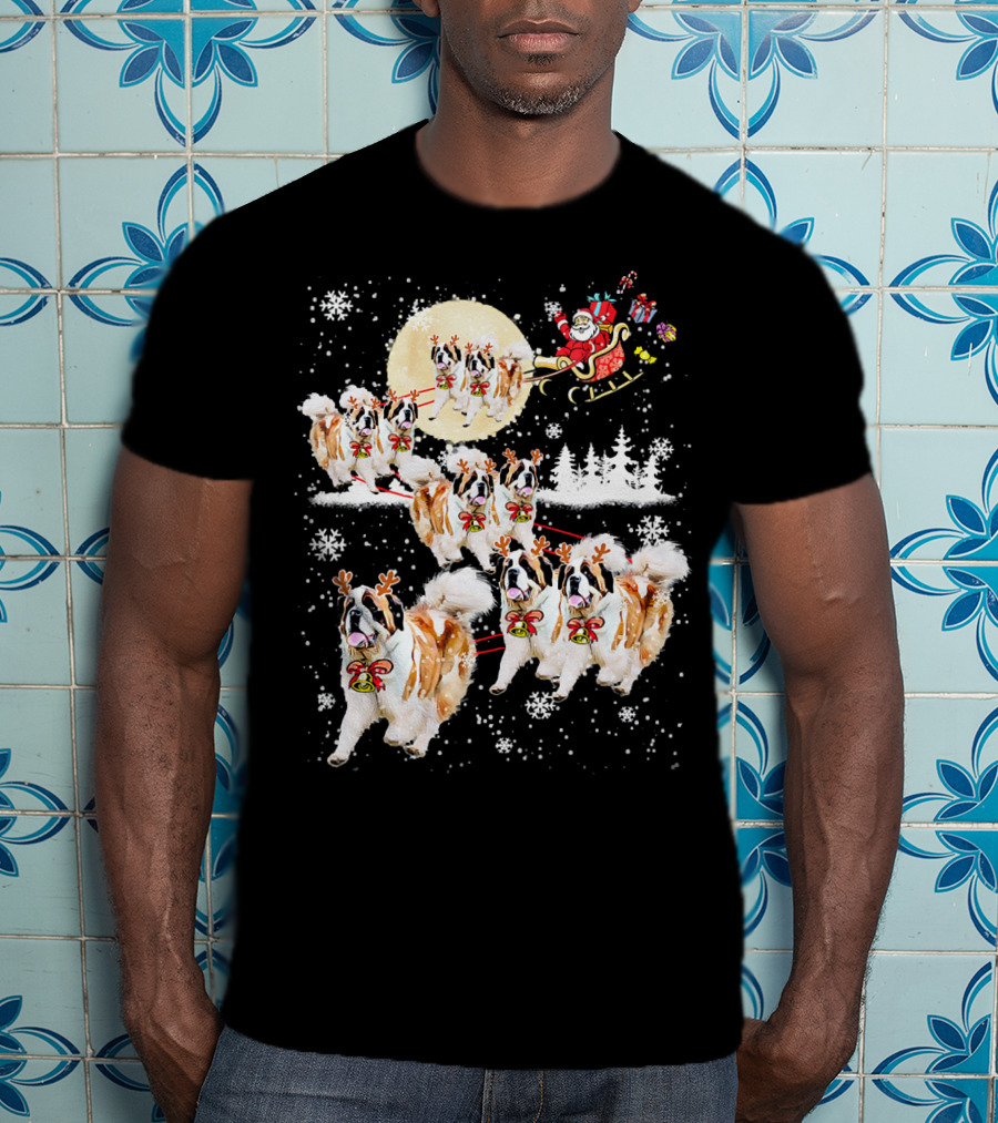 St Bernard Reindeer Christmas Santa Sleigh Nice Dog T-Shirt