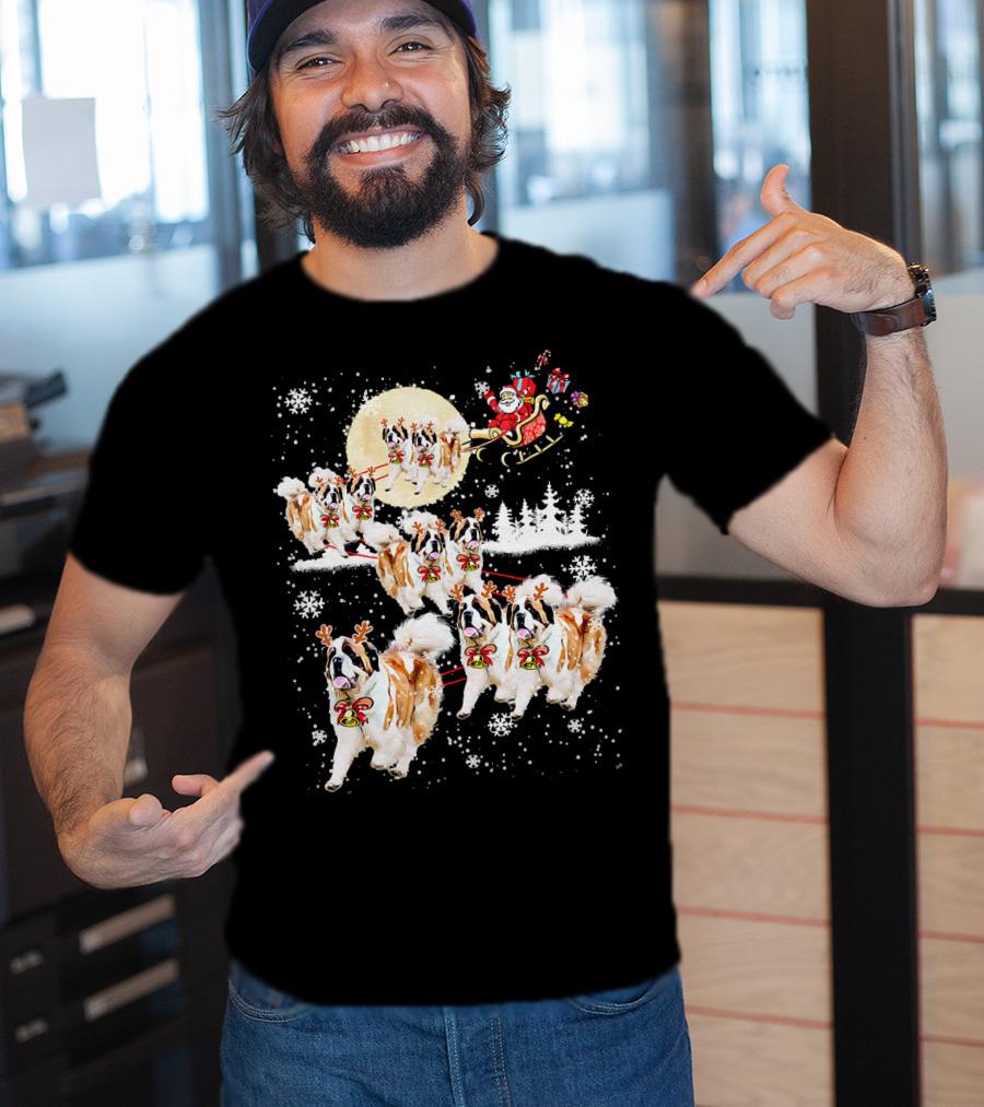 St Bernard Reindeer Christmas Santa Sleigh Nice Dog T-Shirt