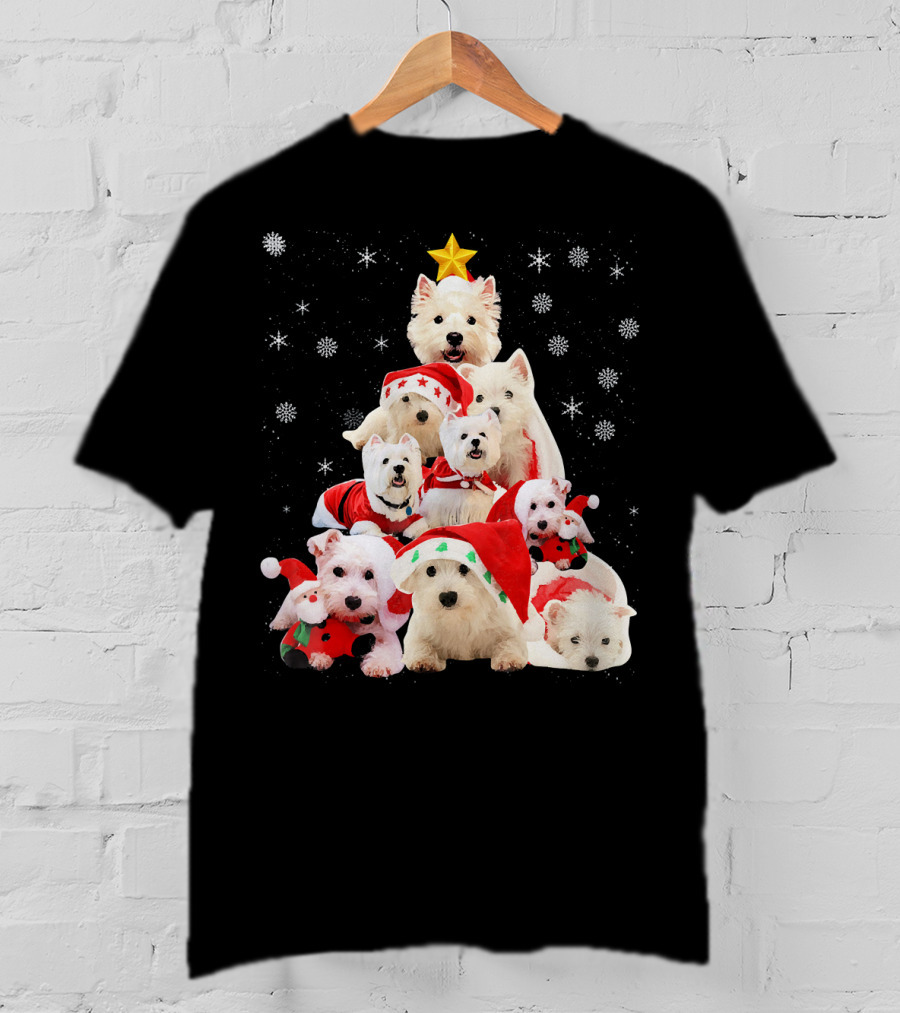 Westie Dogs In Holiday Hats Forming Christmas Tree With Snowflakes And Star T-Shirt