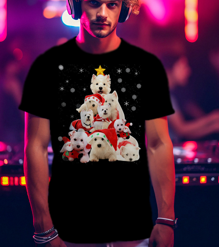 Westie Dogs In Holiday Hats Forming Christmas Tree With Snowflakes And Star T-Shirt
