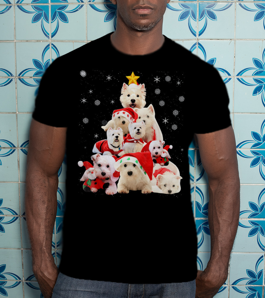 Westie Dogs In Holiday Hats Forming Christmas Tree With Snowflakes And Star T-Shirt