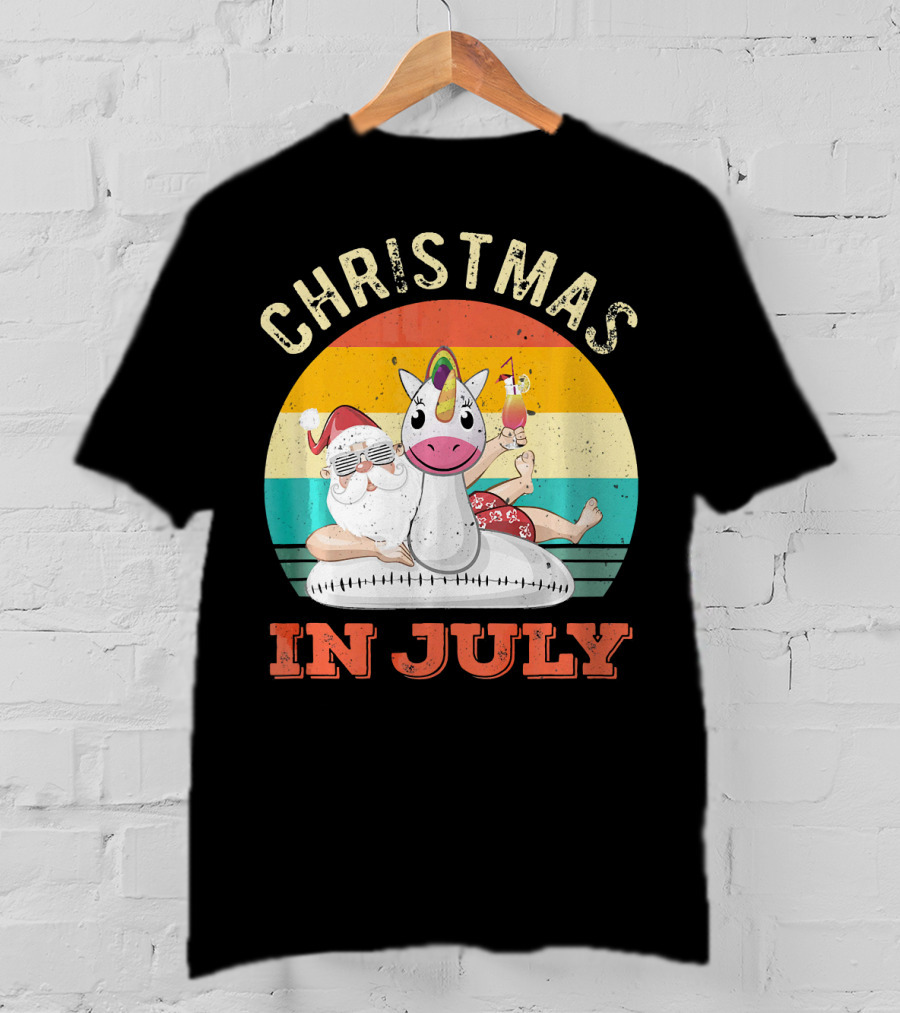Christmas In July Vintage Santa With Inflatable Unicorn And Drink T-Shirt