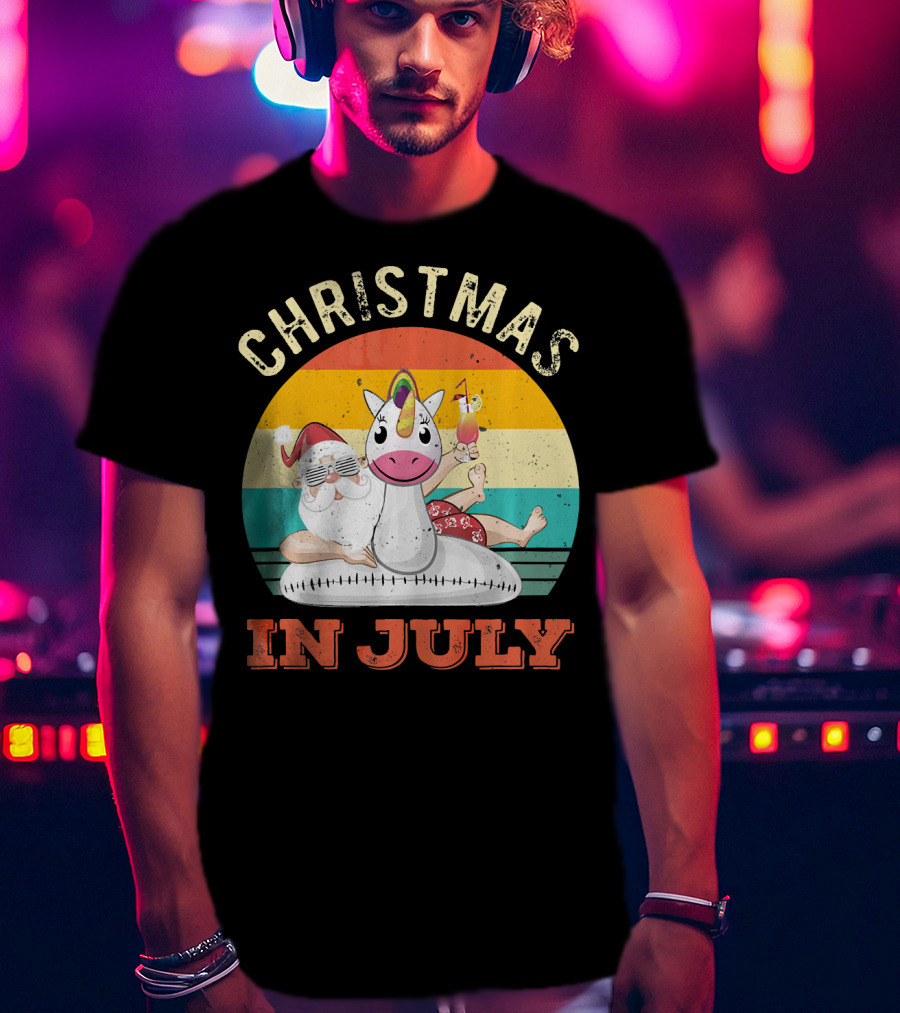 Christmas In July Vintage Santa With Inflatable Unicorn And Drink T-Shirt