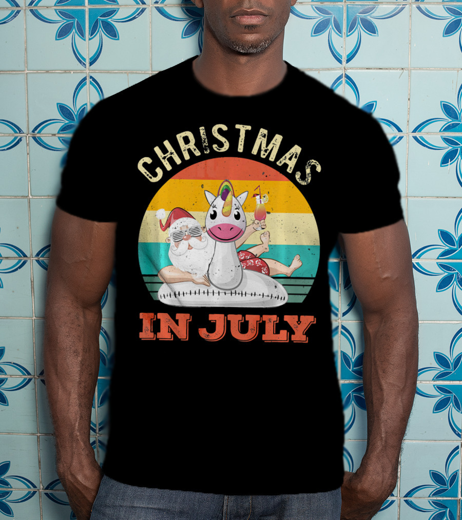 Christmas In July Vintage Santa With Inflatable Unicorn And Drink T-Shirt