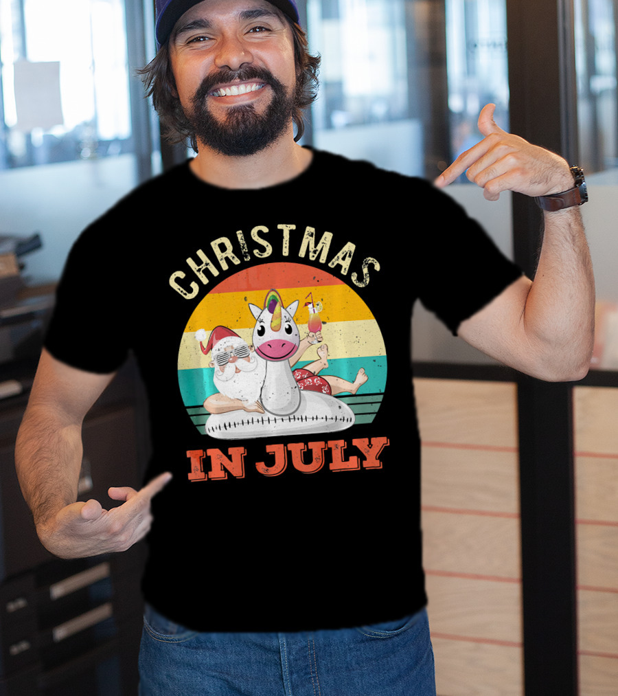 Christmas In July Vintage Santa With Inflatable Unicorn And Drink T-Shirt