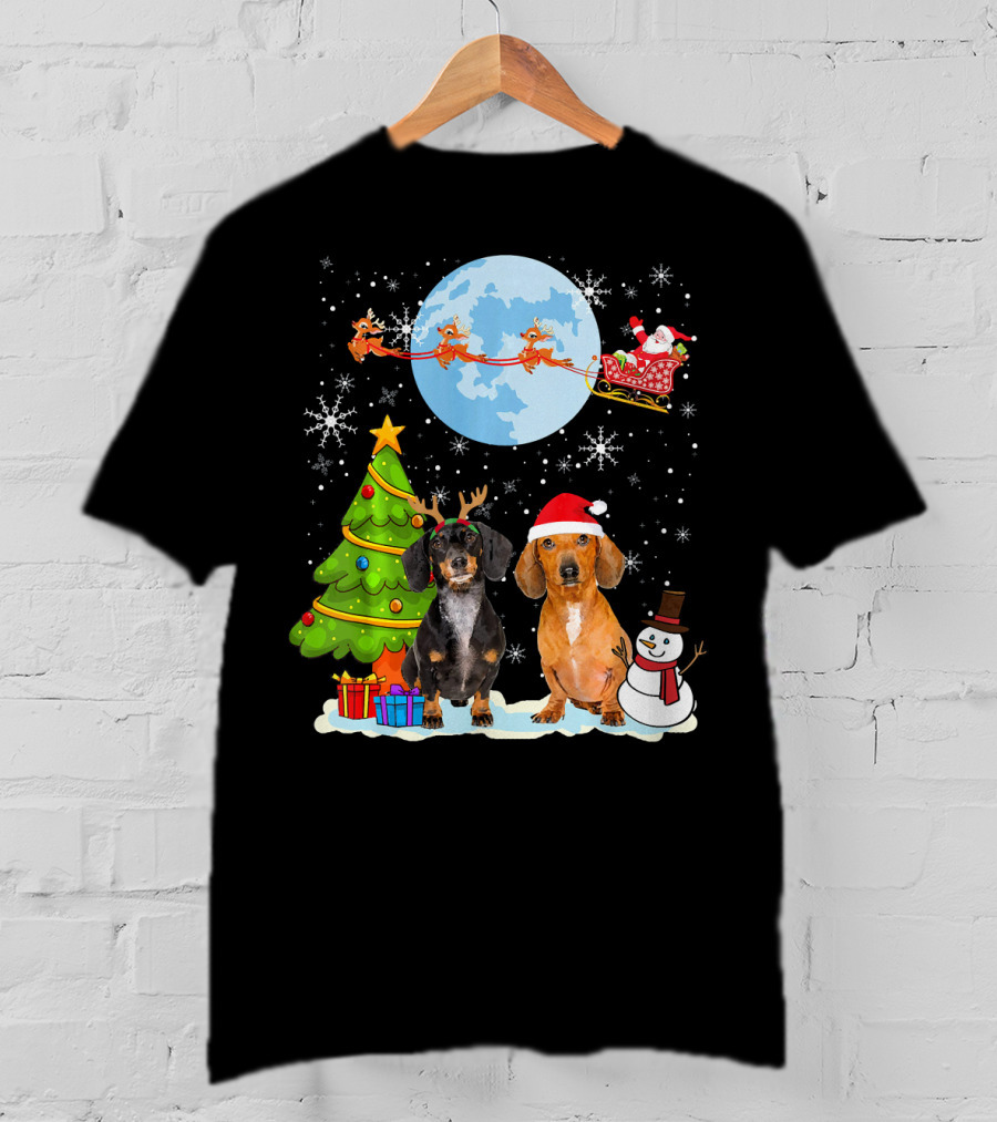 Funny Dachshund Christmas Santa Moon Reindeers Tree Snowman T-Shirt