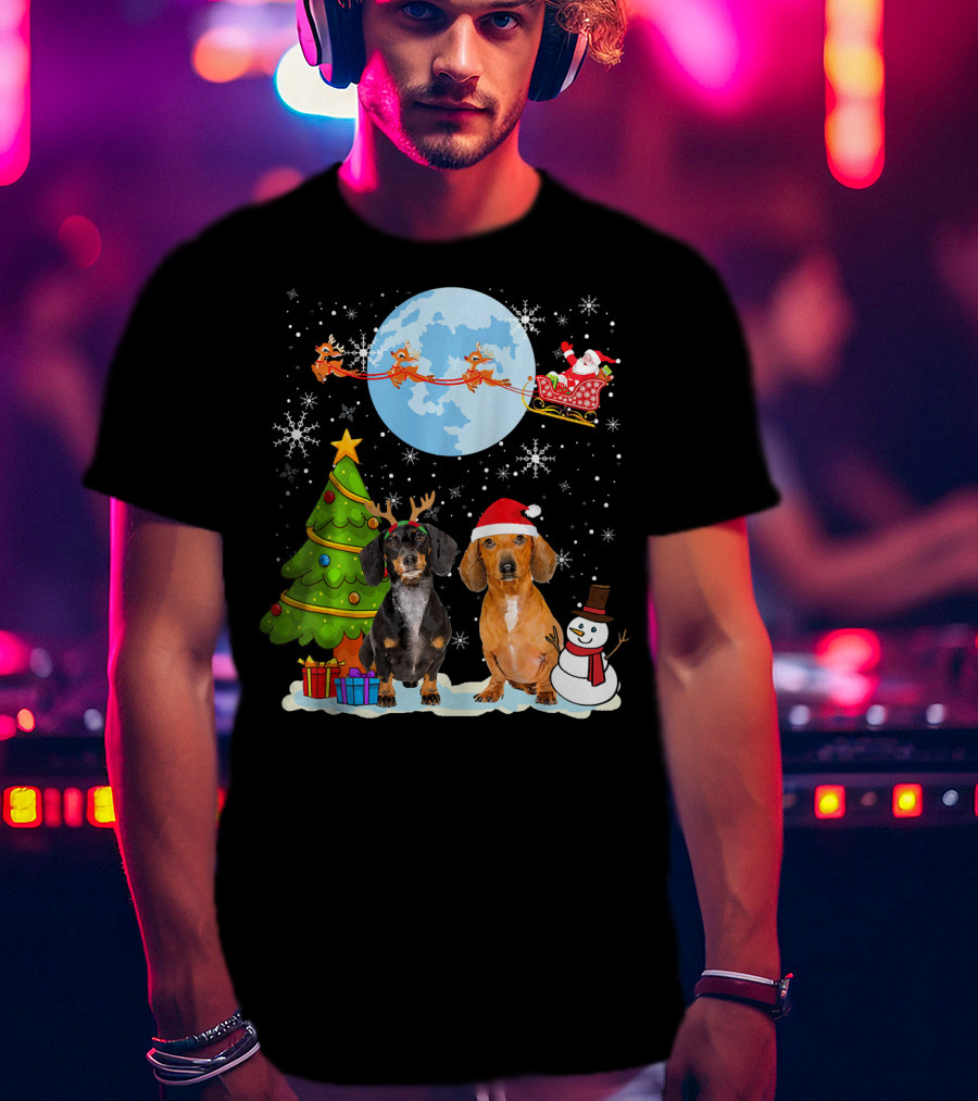 Funny Dachshund Christmas Santa Moon Reindeers Tree Snowman T-Shirt