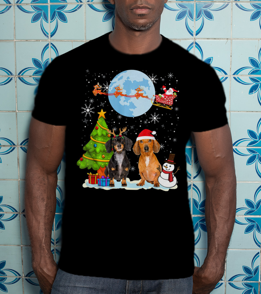 Funny Dachshund Christmas Santa Moon Reindeers Tree Snowman T-Shirt