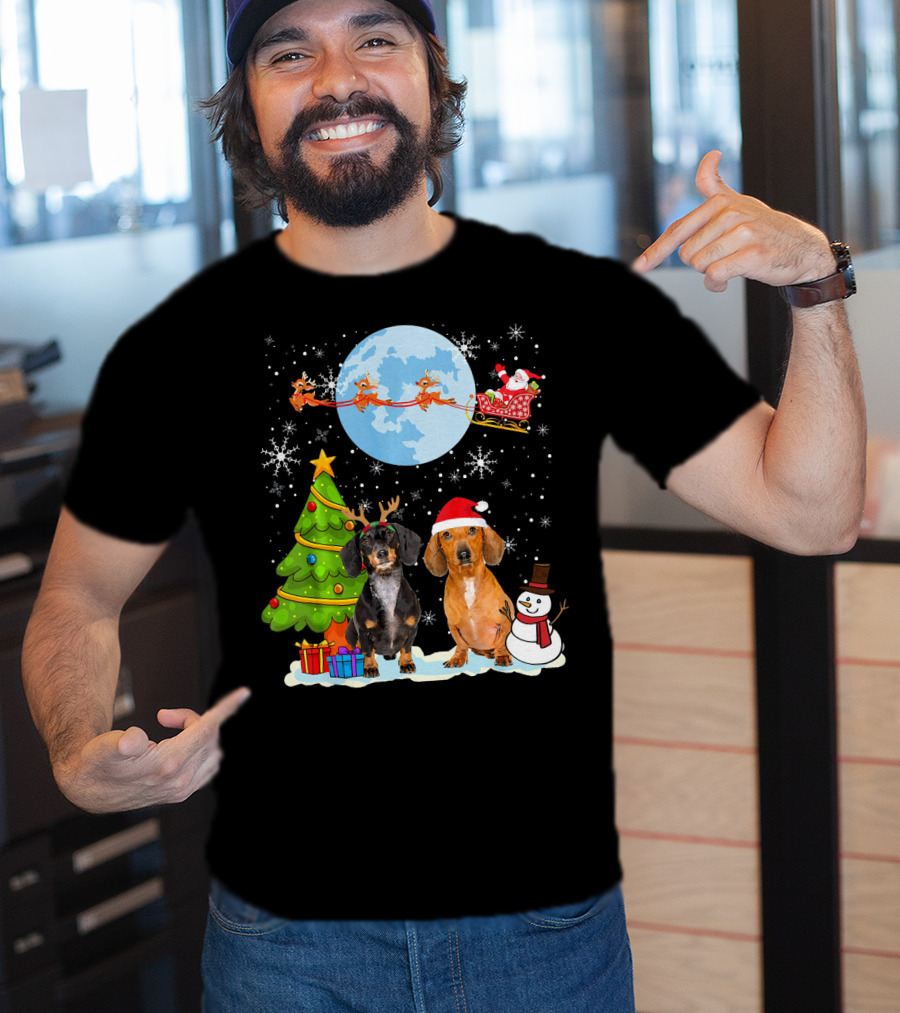 Funny Dachshund Christmas Santa Moon Reindeers Tree Snowman T-Shirt