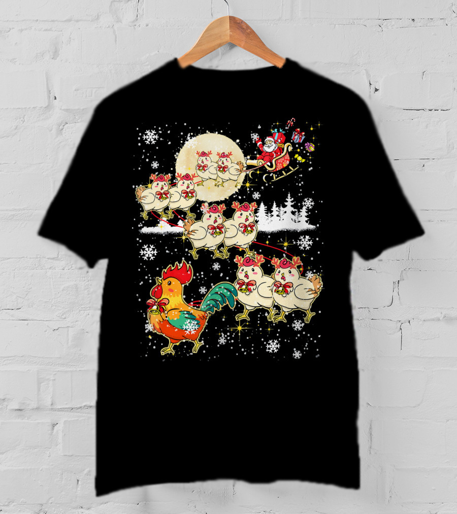 Chicken Reindeer Christmas Santa Sleigh With Snowflakes And Nice Chicken T-Shirt