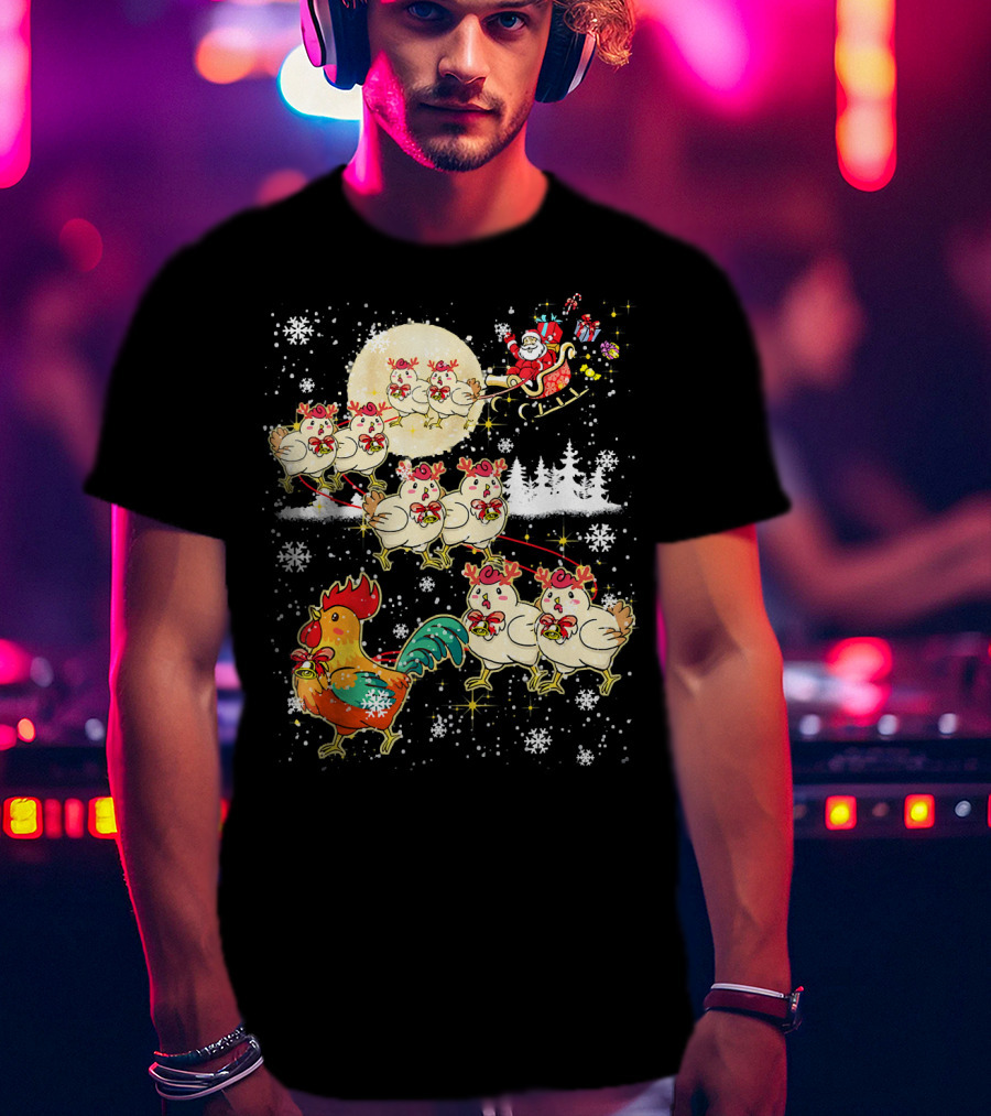 Chicken Reindeer Christmas Santa Sleigh With Snowflakes And Nice Chicken T-Shirt