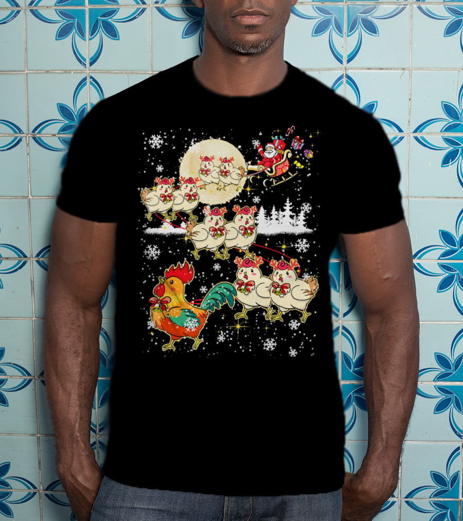 Chicken Reindeer Christmas Santa Sleigh With Snowflakes And Nice Chicken T-Shirt