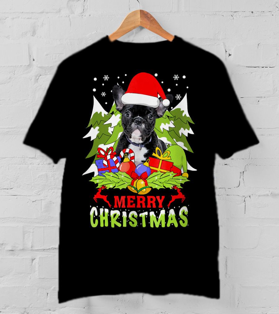 Merry Christmas French Bulldog Santa Hat Gifts Snowflakes T-Shirt