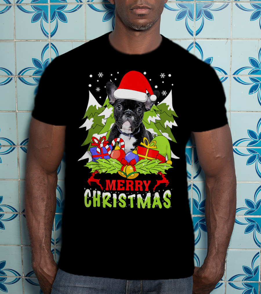 Merry Christmas French Bulldog Santa Hat Gifts Snowflakes T-Shirt