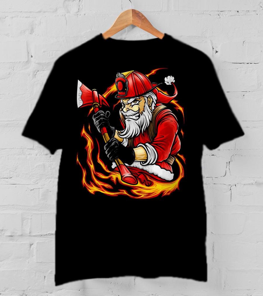 Firefighter Santa With Axe Surrounded By Flames T-Shirt