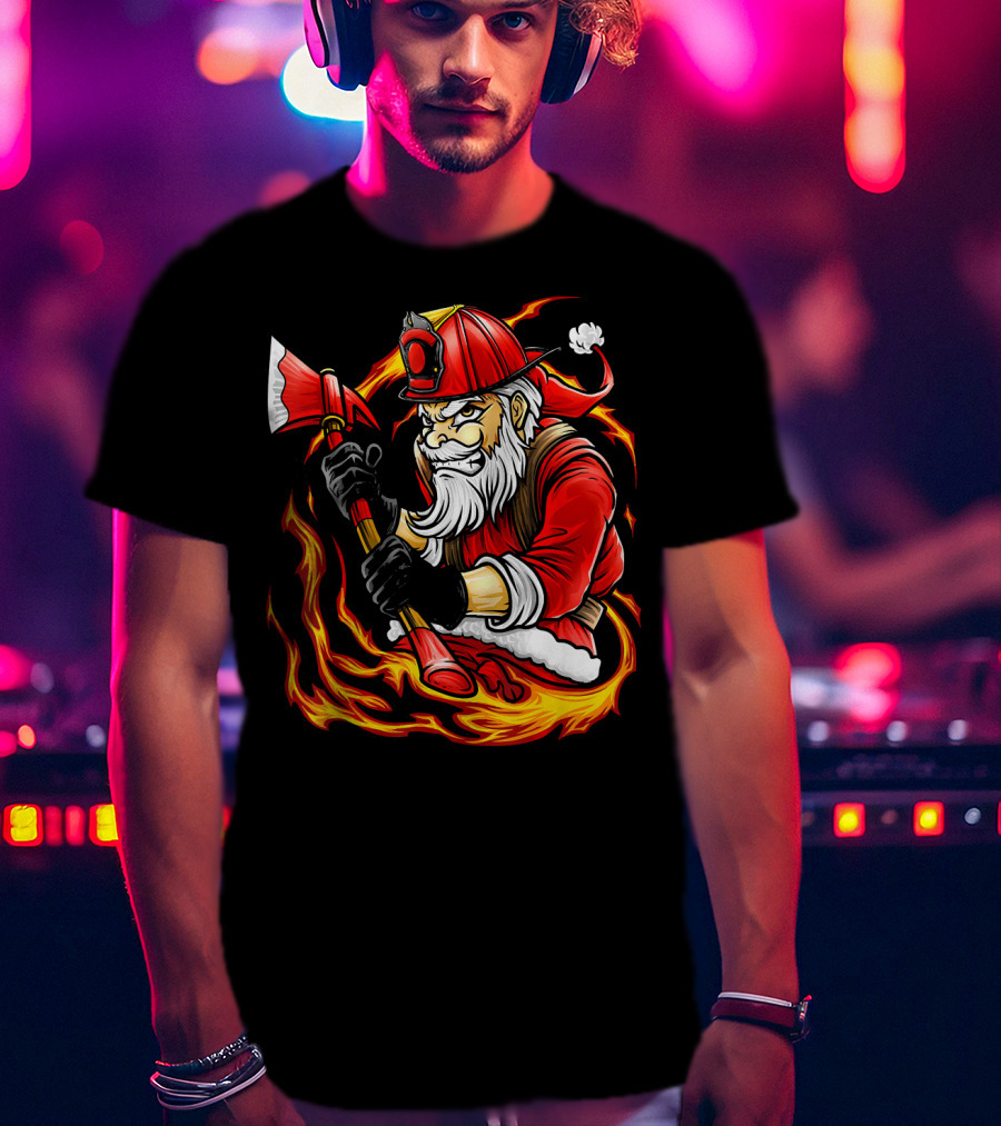 Firefighter Santa With Axe Surrounded By Flames T-Shirt