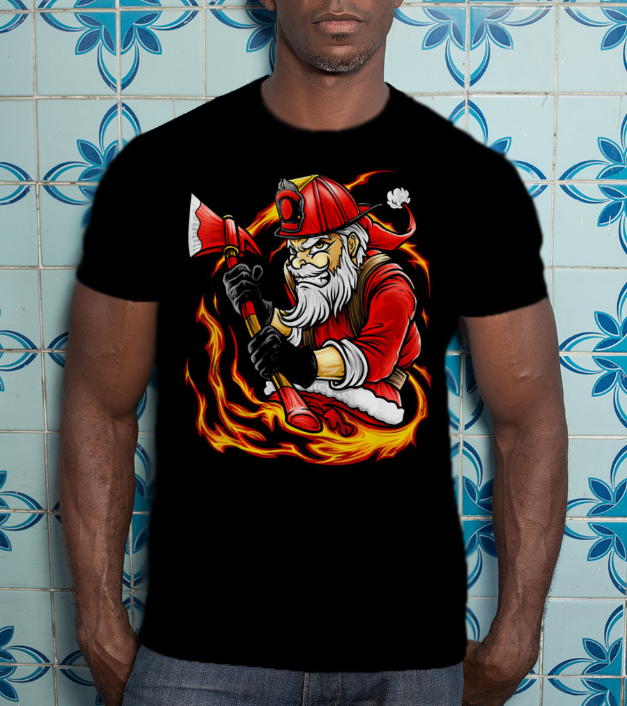 Firefighter Santa With Axe Surrounded By Flames T-Shirt