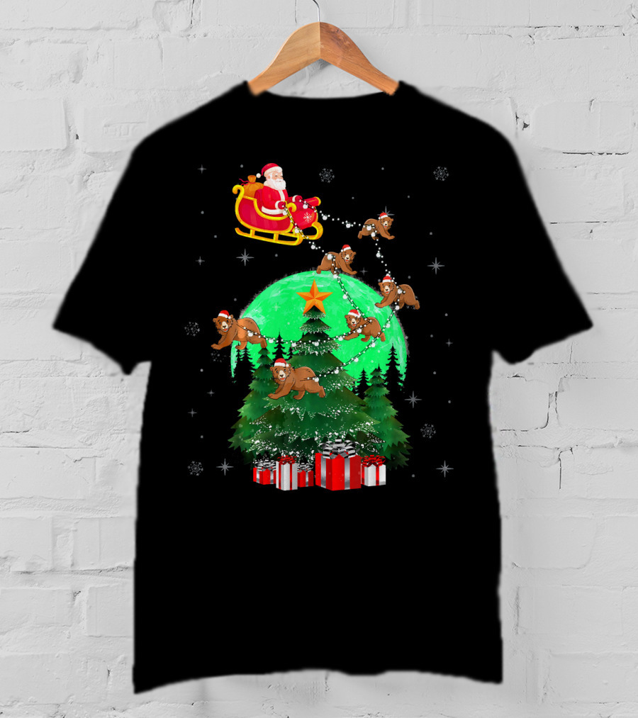 Santa Claus With Bears And Sleigh Over Christmas Tree And Presents T-Shirt