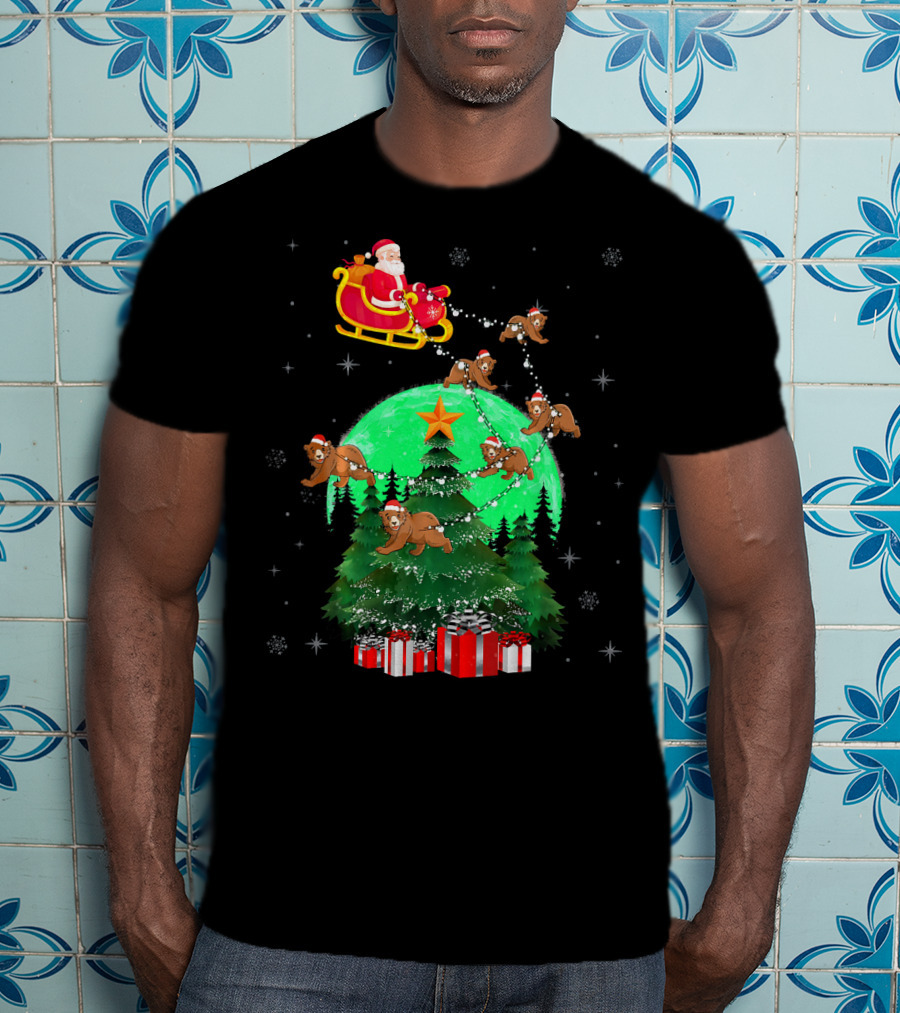 Santa Claus With Bears And Sleigh Over Christmas Tree And Presents T-Shirt