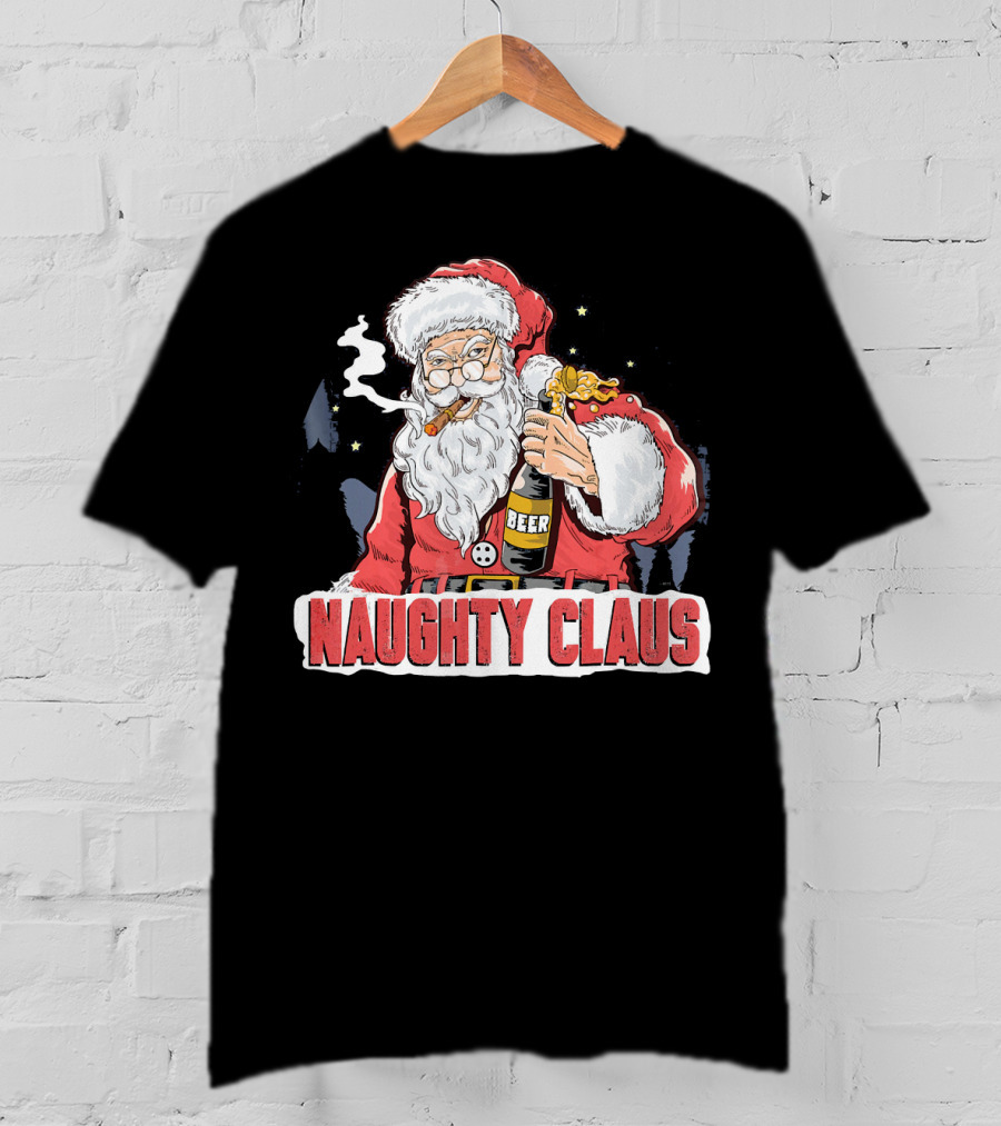 Naughty Claus Santa With Beer Funny Humor XMAS T-Shirt