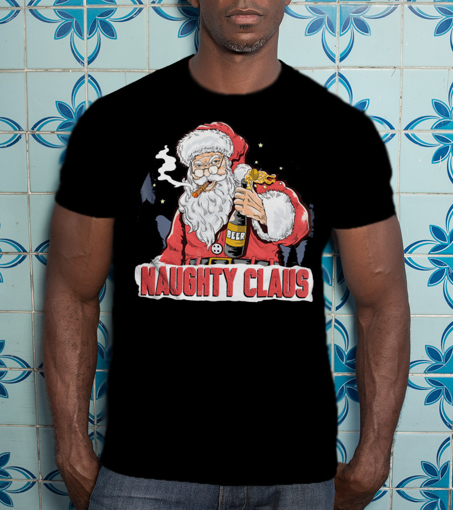 Naughty Claus Santa With Beer Funny Humor XMAS T-Shirt
