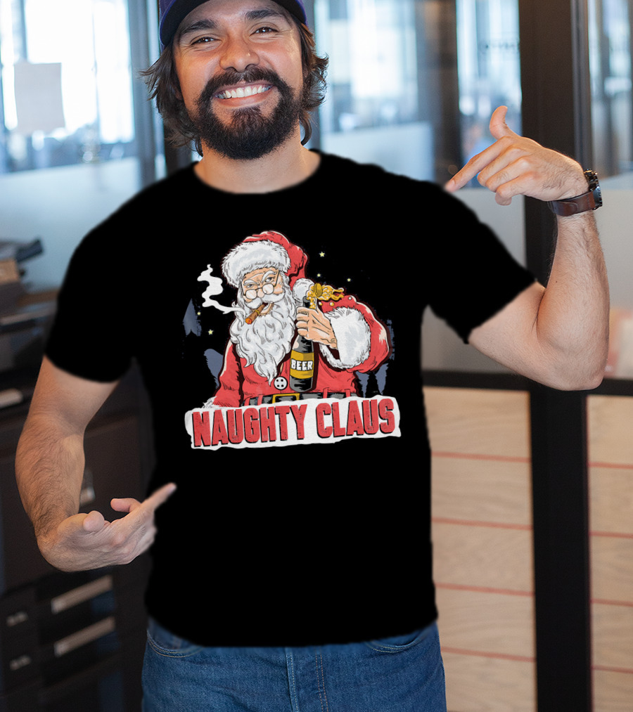 Naughty Claus Santa With Beer Funny Humor XMAS T-Shirt
