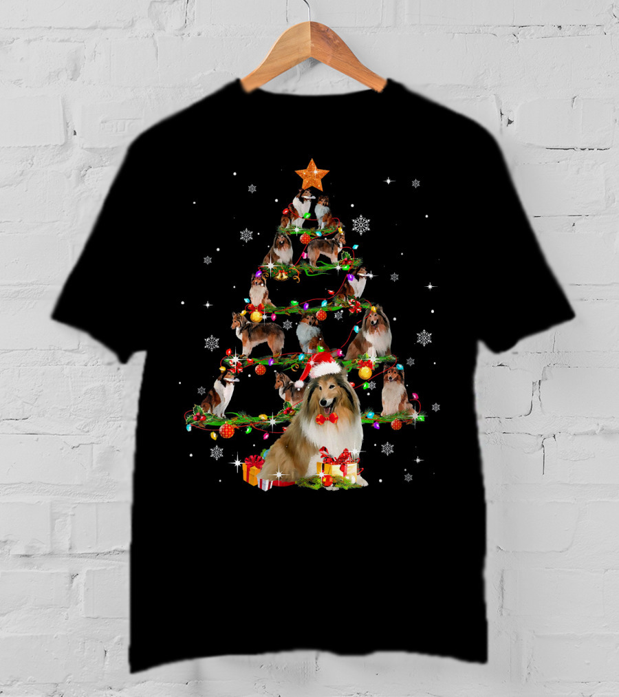 Rough Collie Christmas Tree With Santa Hat And Gifts T-Shirt
