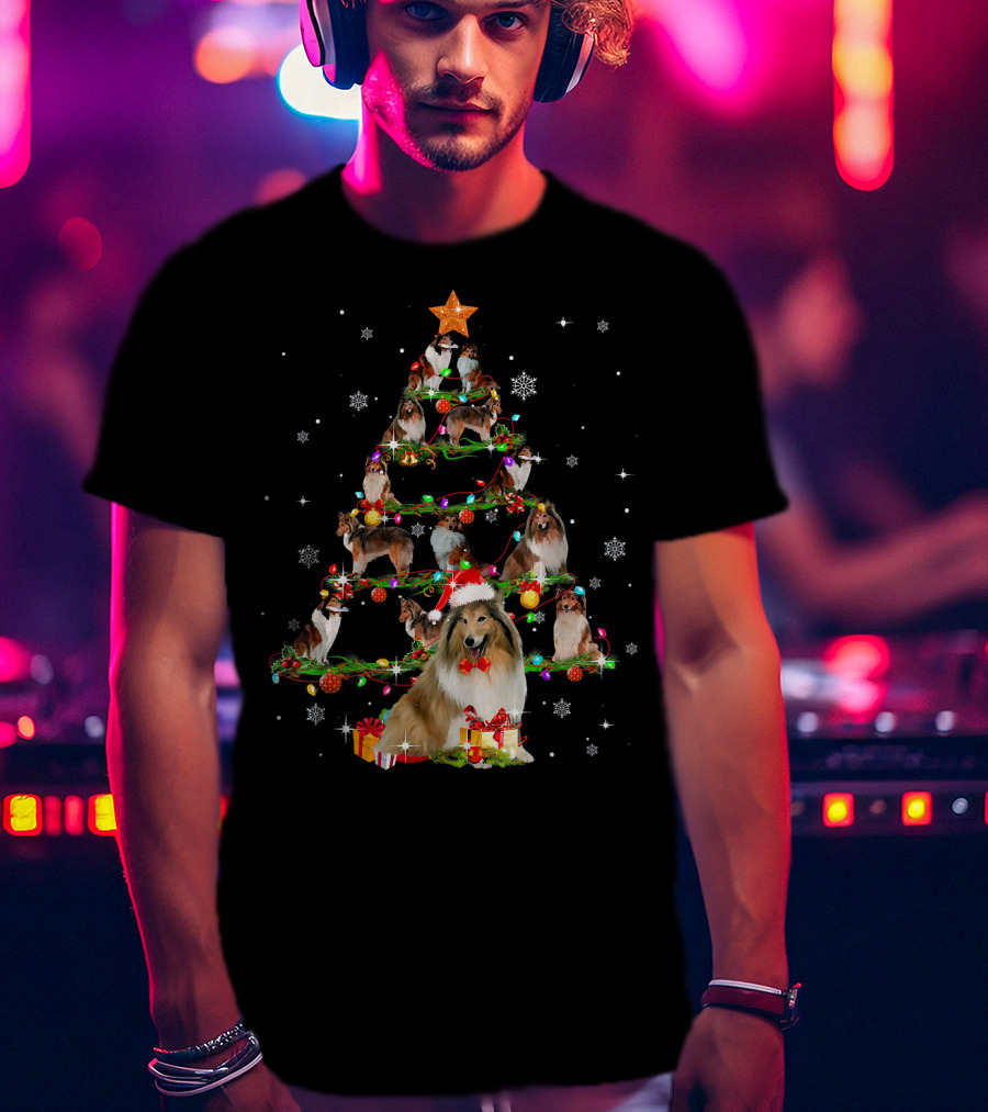 Rough Collie Christmas Tree With Santa Hat And Gifts T-Shirt