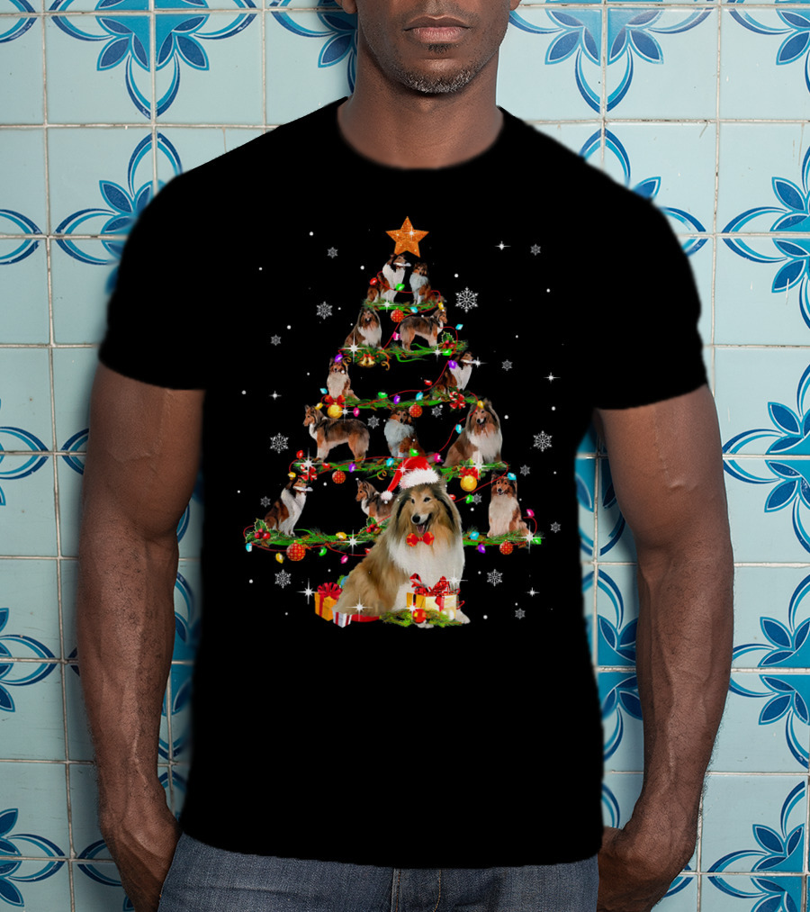 Rough Collie Christmas Tree With Santa Hat And Gifts T-Shirt