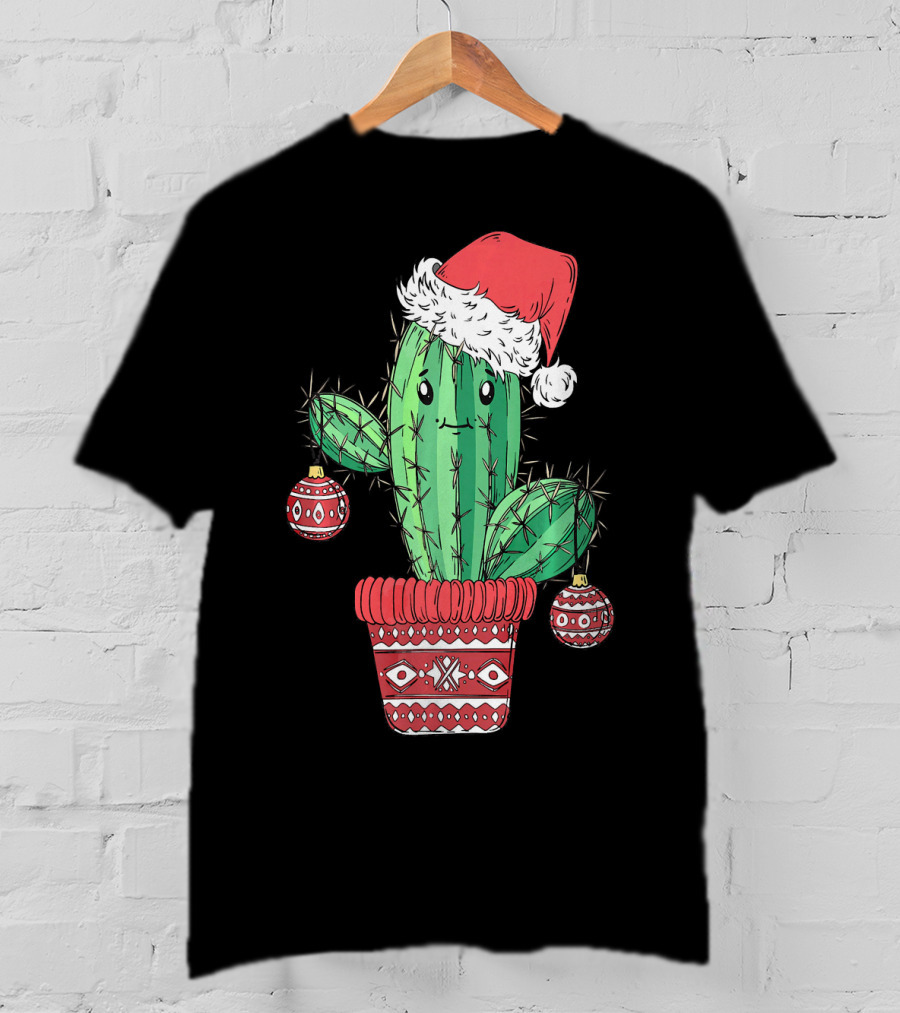Cactus Christmas Tree Santa Hat Festive Ornaments T-Shirt