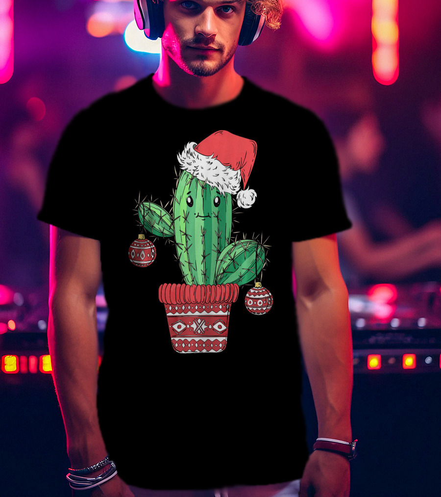 Cactus Christmas Tree Santa Hat Festive Ornaments T-Shirt